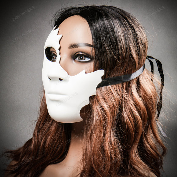 Unpainted Half Face Cracked Phantom Masquerade Mask - White - Picture 7 of 10